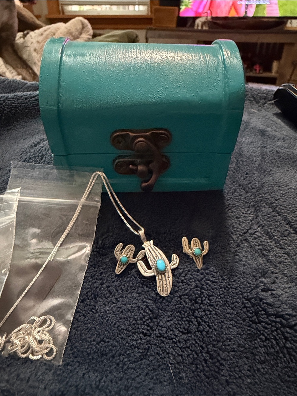 Sterling Silver Sleeping Beauty Turquoise Cactus Charm Necklace and earrings.